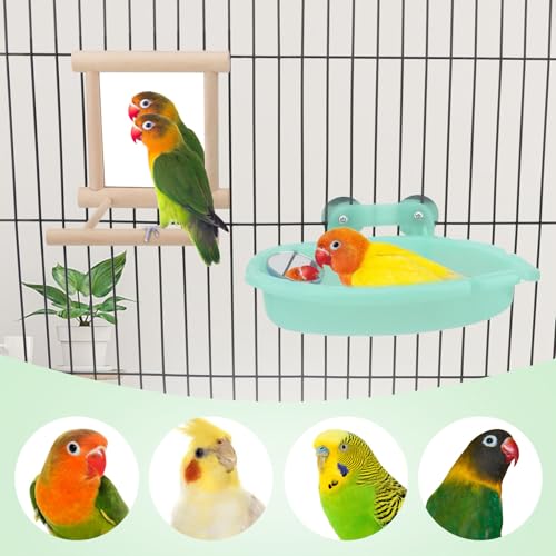 Wontee Bird Bath Parrot Bathing Tub Bird Mirror with Perch Toys for Budgies Parakeets Cockatiels Lovebirds Finches Canaries - color: Green