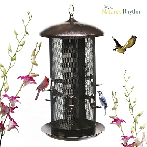 Nature's Rhythm Metal Hopper Bird Feeder Two Chambers，Heavy Duty Mesh Metal Dual Seed Compartments Outdoor Hanging Wild Bird Feeder with 10 Feeding Ports,10lbs Seed Capacity