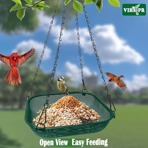 Hanging Platform Bird Feeder, 11 in Square, Green | Stainless Steel Mesh Seed Tray, Backyard & Patio, Outdoor Use - color: Green - Square