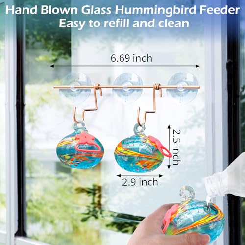 Pozfun Set of 2 Hummingbird Feeders for Outdoors Hanging,Hand-Blown Glass Hummingbird Feeder with Silicone Feeding Perch,Never Leak,Gardening Gifts for Woman Man - color: Blue