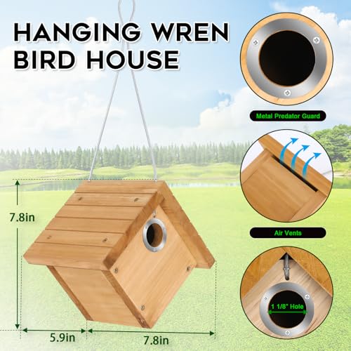 Gtongoko Wren Bird Houses for Outside with 1-1/8" Entrance Log Color 1 Pack | Wood Nesting Box with Metal predator guard, Climbing Grooves, Clean-Out Door, Air-Vent for Wrens & Carolina Wrens - color: Log color-1pc