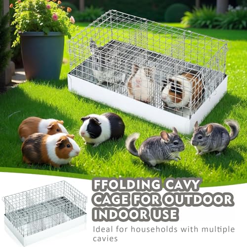 DoubleFill 18 x 10 x 8 in 3 Hole Folding Guinea Pig Chinchilla Transport Cage, Portable Cavy Bunny Carrier with Tray & Handles for Travel, Temporary Housing, Small Pet Habitat Animal Enclosure