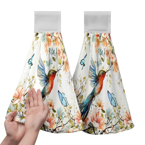 Floral Birds Hand Towels with Hanging Loops Garden Watercolor Floral Hummingbird Butterfly Hanging Kitchen Towels Set of 2 Spring Summer Soft Absorbent Bath Tie Towel Oven Stove Dish Washcloths - color: Floral Birds