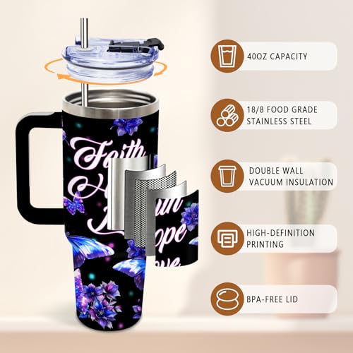 DUUV Purple Butterfly Tumbler 40oz, Insulated Christian Gift for Women | Faith Hope Love Tumbler Leakproof, Spiritual Butterfly Mug, Faith Religious Gifts for Women, Birthday Gift for Friend, 1 Pack - color: Black Crystal Butterfly