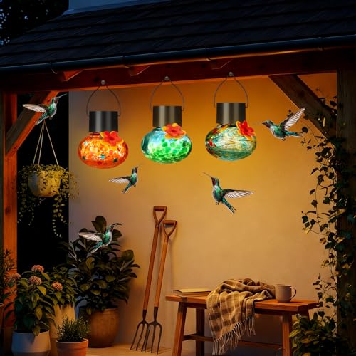 Nuogo 3 Pcs 3.54 Inch Blown Glass Hummingbird Feeders Solar Powered Hummingbird Feeder with LED Light for Garden Outdoors Window Decor Valentine Hanging Gifts Ant and Bee Resistant(Classic Colors) - color: Color A, style: Classic