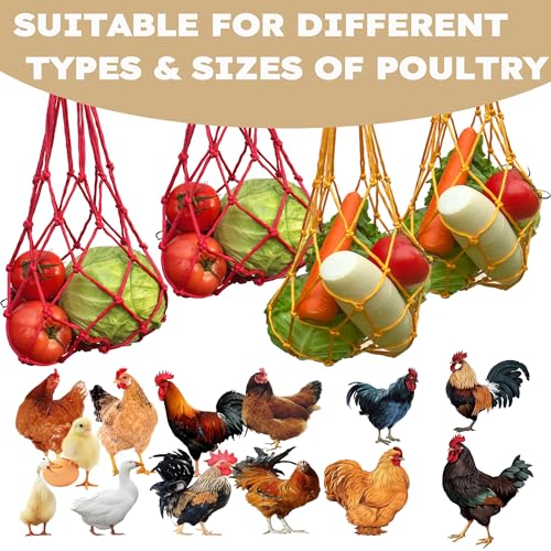 Chicken Vegetable Hanging Feeder 4 PCS, Reusable String Bag with Hook for Chicken Toys, Poultry Fruit Holder for Hens and Ducks, No Mess Lettuce Cabbage Feeder for Enrichment, Coop Accessories - color: Yellow+Red