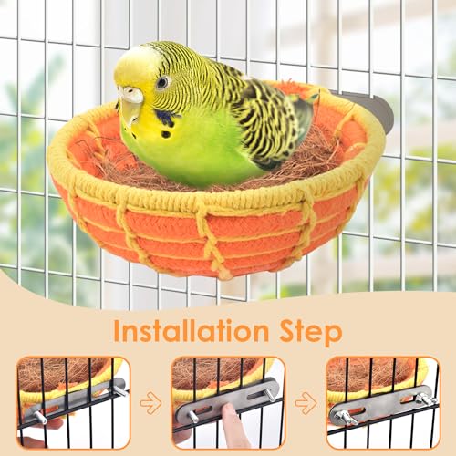 KATUMO Bird Nest, 5.3in Parrot Breeding Nest Bed with Natural Coconut Fiber Bedding for Budgie, Parakeet, Cockatiel, Conure, Lovebird, Canary, Finch, Small Birds - color: Orange+Yellow