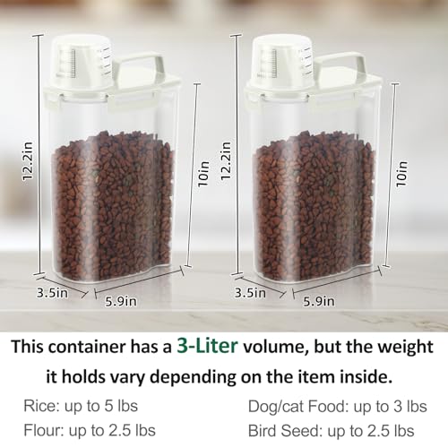 2 Pack 3 Lbs Pet Dog Cat Bird Seed Food Storage Containers for Travel Beige | Airtight Flour Container 5 Lbs with Large Pour Spout Measuring Cup Portable Rice Dispenser Cereal Oatmeal Holder - color: Beige-3L 2Pack