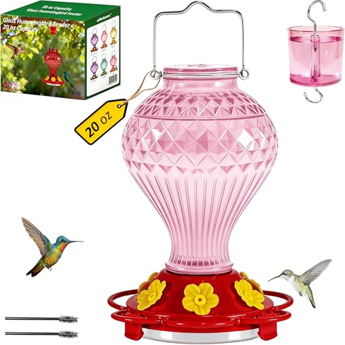 Glass Hummingbird Feeder for Outdoors Hanging, 20 oz Nectar Capacity, 6 Feeding Ports, Leak-Proof Rust-Free Plastic Base, Easy to Refill & Clean, Decorative Pink Glass Bird Feeder for Garden Patio - color: Pink, size: 20 Fluid Ounces