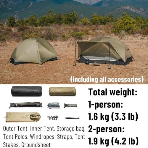 Naturehike Mongar 2 Person UL Camping Tent | PU2000mm+ Waterproof 1-2 Person Backpacking Tent, Ventilation System, Multi-Mode Double-Layer Freestanding for Hiking Travel - color: Green, size: 1 person