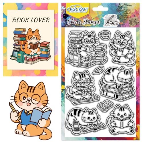 CHGCRAFT Books and Cats Clear Stamps Study Transparent Stamps Newspapers Silicone Clear Stamp Seals for DIY Scrapbooking Photo Album Decoration, 4.3×6.3 inch - style: Books and Cats