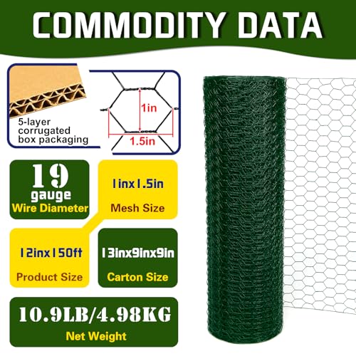 Chicken Wire 12inx150ft, Premium Chicken Wire Fencing, Chicken Wire Mesh, Green PVC Coated Metal Wire Fence, Galvanized Poultry Netting Barrier for Floral Arrangements/Craft Projects//Rabbit - color: Green, size: 12inx150ft