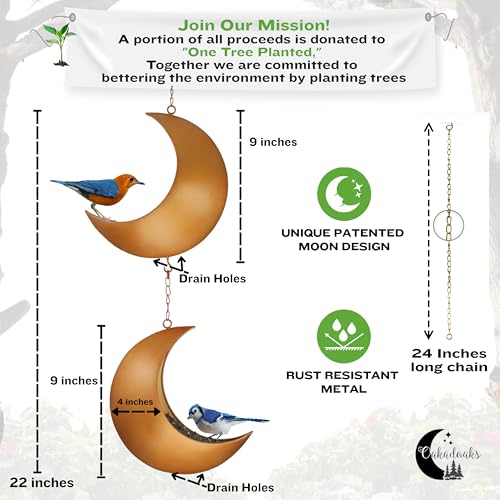 Double Hanging Moon Bird Feeder – Unique Metal Bird Feeders for Outdoors, Antique Gold, Rust-Resistant, Drain Holes – Wild Bird Feeder for Bluebirds, Cardinals, Finches, and Backyard Birdwatching