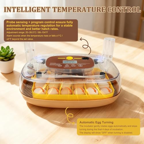 Series III - 24 Egg Incubator for Hobbyists, Full-Stage Adaptive Humidity (Dual-Bottle) & Temp Control, Custom-Interval Auto Turn & Auto Stop, Preset Incubation Days, Adjustable Egg Spacing - size: 24-Egg Brown