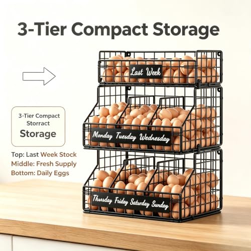 Egg Holder Countertop, 3 Tier Chicken Egg Basket for Gathering Fresh Eggs | Egg Storage Organizer with Adjustable 5 Dividers & Label, Stackable Wall Mounted Egg Collecting Basket Rack, Black - color: 3T Small Black