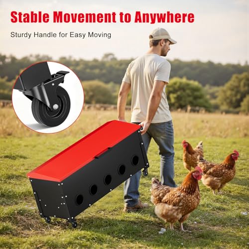 120lb Automatic Metal Chicken Feeder, Heavy Duty Gravity Chicken Feeder Box with Weatherproof Lid Brake Casters,Portable Chicken Feede No Waste Poultry Feeder for Ducks, Geese