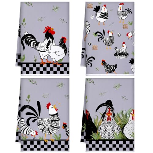 Geyoga 4 Pcs Chicken Kitchen Towels Rooster Dish Hand Towels Farm Animal Cow Vintage Rustic Tea Cloth for Spring Easter Bathroom Farmhouse Decor Gifts, 16 x 24 Inch(Fresh Color,Rooster) - color: Fresh Color, style: Rooster