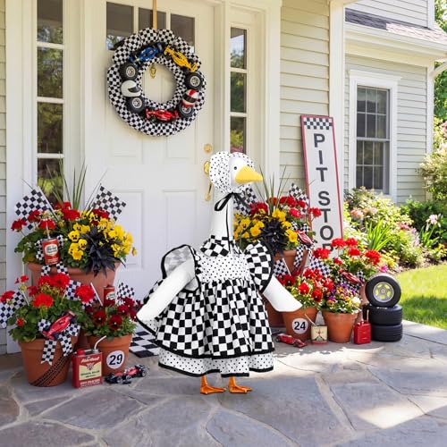 Abbylike 1 Set Racing Car Porch Goose Outfit Racing Yard Goose Costume Clothes Fits Large 23'' H Cement for Game Day Outdoor Patio Garden Lawn Pathway Spring Statue Art Decorations - style: Racing Cars