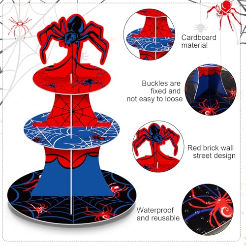 3 Tier Spider Cupcake Stand Spider Birthday Party Decorations Cupcake Tower Hero Theme Cake Holder Hero Dessert Holder Table Display for Birthday Baby Shower Party Supplies - style: Spider web