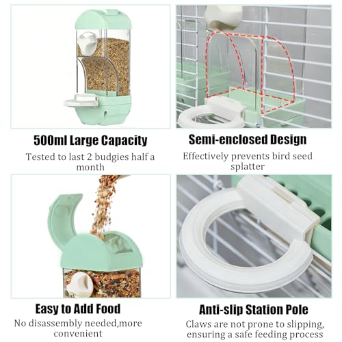 Automatic Bird Feeder Waterer Kit Bird Cage Hanging Waterer Parakeet Leak-Proof Feeder Parrot Vegetable Clips Cage Accessories for Budgies Lovebirds Finches Canaries Parrotlets Conures (Green) - color: Green