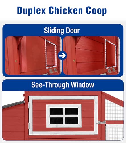 Chicken Coop with Run and Wheels Outdoor Poultry Hen House with Slide-Out Tray Chicken Cage Weatherproof Roof Predator-Proof for Backyard Red - color: 72.3"L Red & White
