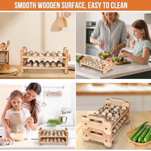 Stackable Wooden Quail Egg Holder Countertop-Expandable Storage Rack with 4 Bonus Egg Cups | Solid Wood Tray with Secure Interlocking Dowels for 48 Fresh Quail & Pigeon Eggs (Single or Multi-Tier Use)