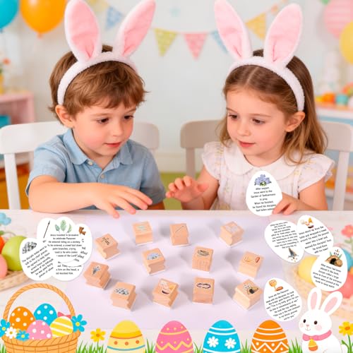 HOWAF Christian Easter Gifts Set, Include 12pcs Resurrection Eggs Stamps and 12 Religious Easter Story Cards for Resurrection Decoration, He is Riren Inking Stamps, Jesus Lives Story Rubber Stampers