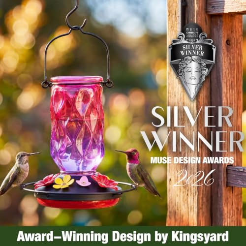 Kingsyard Glass Hummingbird Feeder for Outdoors Hanging, 20 oz Leak-Proof Wild Bird Nectar Feeders with 9 Bee Guard Ports & Ant Moat, Garden Yard Art Decor Gifts for Mom, Purple - color: Purple