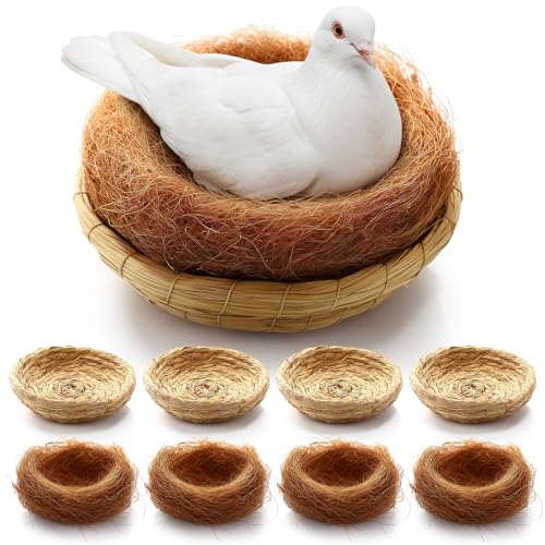 AceOrbit 8 Pcs/4 Set Bird Nest with Coconut Fiber Mats for Dove Hamster | Hand Woven Bird Nest Flat, Small Animal Breeding Bed Hatch House Cage Accessories, Cuckoo Sparrow Rabbits Chinchillas Hamster