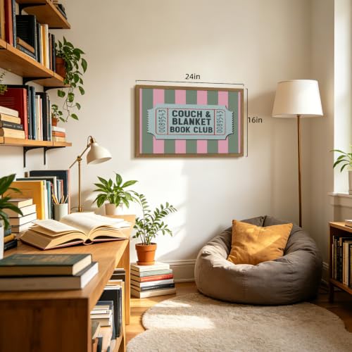 CGXY Couch Blanket Book Club Wall Art, Vintage Book Club Ticket Poster Print, Pink Green Stripe Reading Room Decor, Retro Book Lover Aesthetic Picture for Bedroom Library Wood Framed 12x16 Inch - color: SofaBlanket, size: 16"L x 12"W