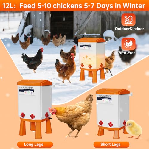 Heated Chicken Waterer, Thermostatically Controlled Poultry Water Heater for Winter, 4 Horizontal Nipples and 8 Support Legs, Anti-Freezing Watering System for Coop Accessories (7L-Red) (Orange, 12L)