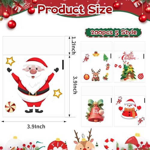 Self-Sealing Christmas Cellophane Treat Bags – 200Pack 4x4 Self-Adhesive Clear Holiday Cookie Bags with Festive Designs for Gift Giving, Small Goodie Bags for Candy, Cookies, Party Favors & Gifts - color: Christmas - 200PCS