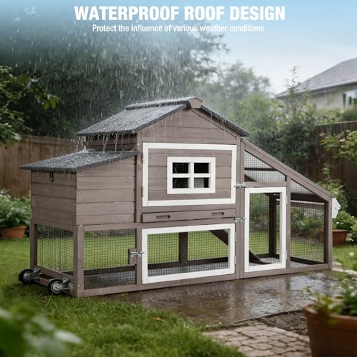 Large Chicken Coop with Run, Mobile Chicken Tractor with Wheels, Wooden Hen House with Waterproof Roof, Nesting Box and Pull-Out Tray, Poultry Cage for 4 Chickens, Rabbit/Bunny Hutch (Brown) - color: Brown