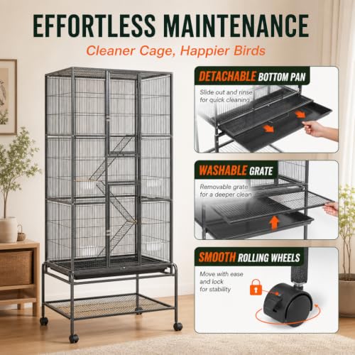 69.5 Inch Extra Large Wrought Iron Parrot Cage Divided Breeding Cage with Grid Dividers Built in Pet Door Pedal Lock Wheels for Parrot Turtledove Oriole Cuckoo Black