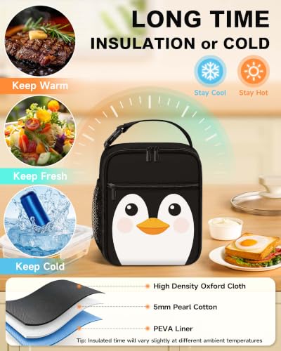 Lunch Box Boys Girls Insulated Lunch Bag for Kids Teen, Funny Penguin | Reusable Lunchbox, Cooler Tote Bag, Water Bottle Holder, Front Pockets, Portable Buckle Handle for School Work Picnic Travel - color: Funny Penguin Face