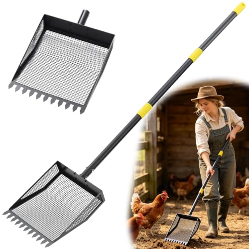 Chicken Poop Scooper & Rake, 42-84" Adjustable Chicken Scooper for Poop, Metal Sand Sifting Litter Shovel for Chicken & Goat Coop, Black