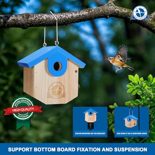 SISTERBIRD Wren Bird Houses for Outside Cedar Hanging Birdhouses for Outdoors 1-1/8" Entrance Hole Bird Houses for Outside Clearance Wooden Nesting Box Chickadee Predator Guard, Blue - color: Blue