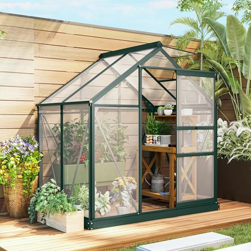 Outsunny 6' x 4' Polycarbonate Greenhouse with Rain Gutter, Dark Green | Aluminum Walk-in Green House, Push Door, for Outside Patio Backyard Garden - color: Dark Green, size: 74.75" x 52" x 79.25"