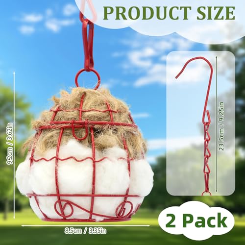 Bird Nesting Material with Wool, 2 Pack Refillable Hummingbird Nesting Material Cage Holder with Natural Cotton for Hummingbird Nest, Gift for Bird Lover, Nesting Balls Birds for Outdoor (Red Cage)
