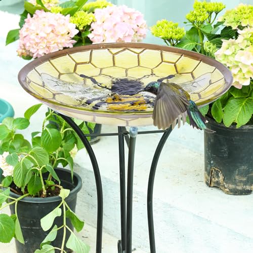 Glass Bird Bath with Metal Stand, Outdoor Feeder Garden Decor, Bee | Glass Large Bird Baths Bowl with Metal Stand for Outdoors, Bee Patterns Bird Feeder for Outside Garden, Patio Decor - color: bee