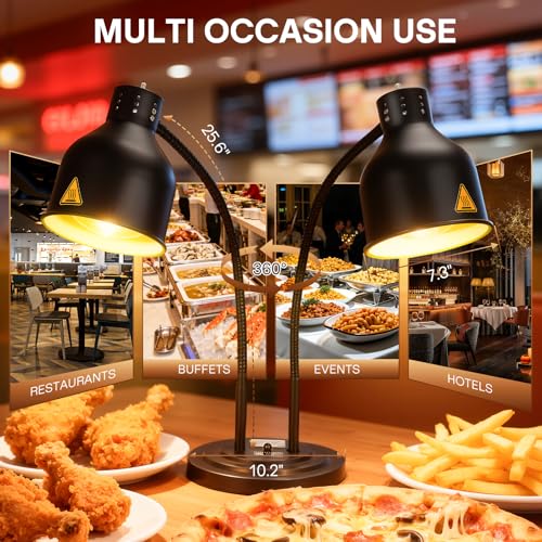 2-Head Heat Lamp for Food - 500W Commercial Food Warmers, Black | Keep Food Warm, Adjustable Head, Portable Food Heat Lamp, Food Warmers for Parties Buffet, Restaurant, Kitchen, Catering - color: Black