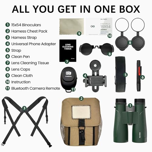 15x54 Binoculars for Adults High Powered with Harness & Phone Adapter | Super Bright BAK4 Optics, Waterproof, Large View, Clear Low Light Vision, for Bird Watching Cruise Travel Hunting Sport - color: Dark Green