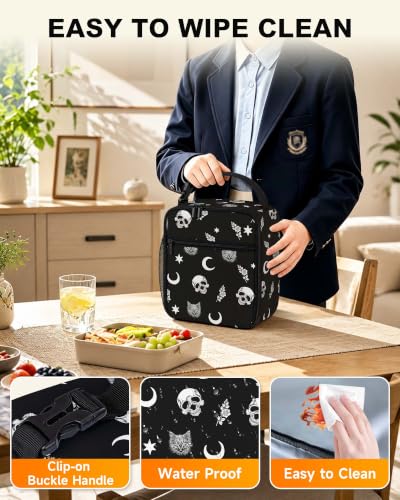 Lunch Box Girls Boys Women Insulated Lunch Bag, Gothic Skull Cat Moon | Reusable Lunchbox, Cooler Tote Bag with Cup Holder, Lightweight, High Capacity, Multiple Pockets for School Work Travel - color: Skull Cat Moon