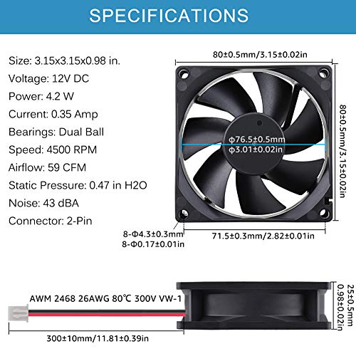 GDSTIME 4500RPM 80mm x 25mm 12V High Speed Dual Ball DC Cooling Fan 2 Pin | Big Airflow, Brushless, PC Computer Case Power Supply Fan, for Wine Cooler, Amplifiers, RV Fridge, Incubator, Electronics - size: 80x25mm