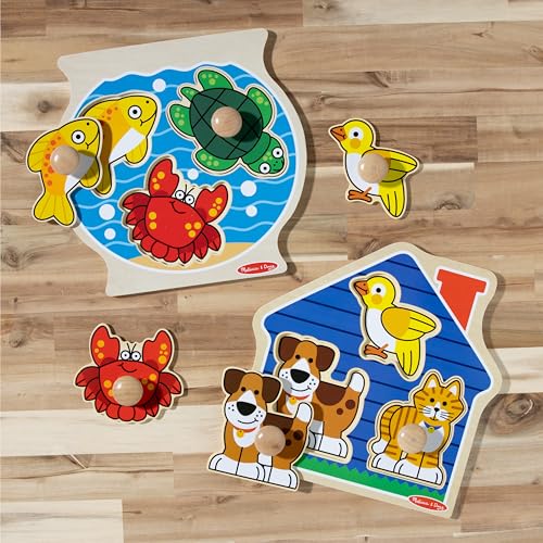 Melissa & Doug Wooden Jumbo Peg Puzzle 2-Pack – Fish Bowl, House Pets, 3-Piece for Toddlers Boys and Girls, Ages 1+ Years