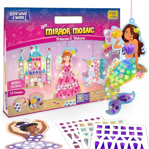 Imagimake Mirror Mosaic - Princess & Unicorn, 10 Templates, 950+ Stickers | Mess-Free Craft Activity, Screen-Free Creative Play, DIY Art Kit for Kids, Birthday Gift for Girls Ages 3,4,5,6,7 Years Old - style: 1. Princess & Unicorn