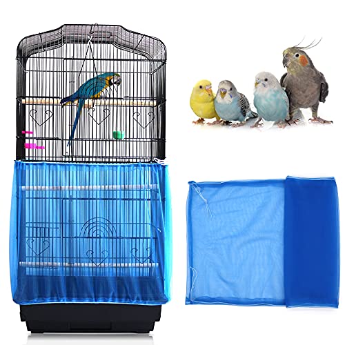 Daoeny Universal Bird Cage Cover, Adjustable Seed Feather Catcher, Soft Airy Nylon Mesh Parrot Net, Birdcage Cover Skirt Sheer Guard for Round Square Cages (Blue) - color: Blue