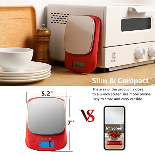 Ultra Slim Food Scale Digital Kitchen Scales Weight Grams Oz Red | Stainless Steel Panel, 1g Increment, Max 11lbs, Backlit Screen, High Precision, Coffee Making, Meal Prep, Include Batteries - color: Red