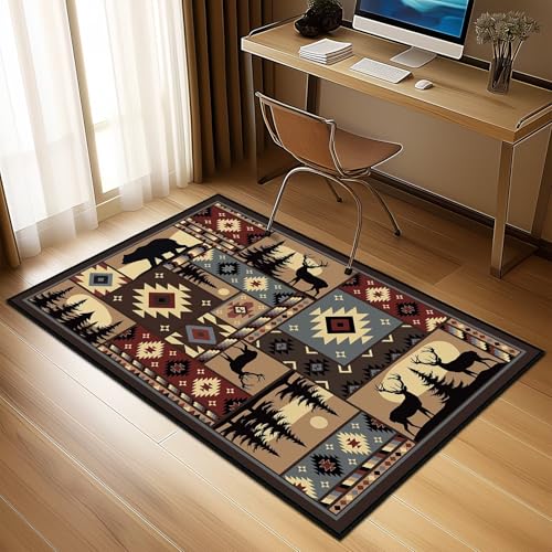 Rustic Rug for Bedroom,Cabin Wildlife Area Rug 3x5 Throw Carpet,Buffalo Plaid Bear Moose Deer Country,Ultra-Thin Washable Kitchen Rugs Indoor Entryway Rug Non Slip Floor Carpets for Living Room,Office - size: 3'x5'