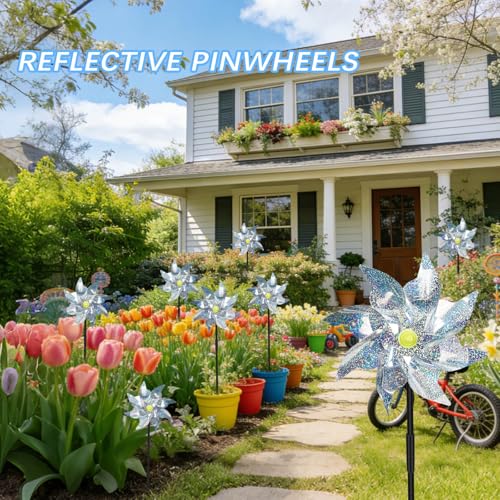 6 Pack Reflective Pinwheels for Yard and Garden,Scare Birds Away for Garden Decor,Bird Scare Devices Deterrent to Scare Birds,Keep Birds Away (Assembly Required) - color: 6 Pack Reflective Pinwheels